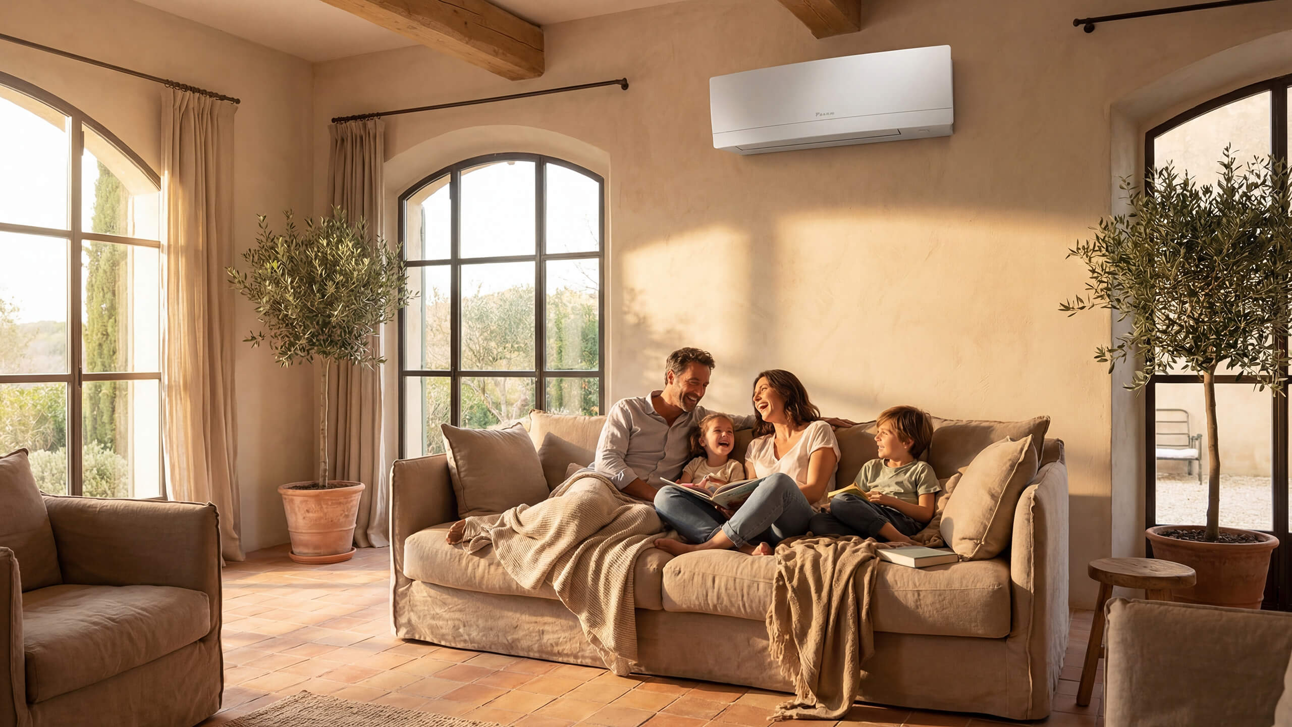 Climatisation réversible installée salon famille — confort thermique été hiver Envolt Sète Hérault