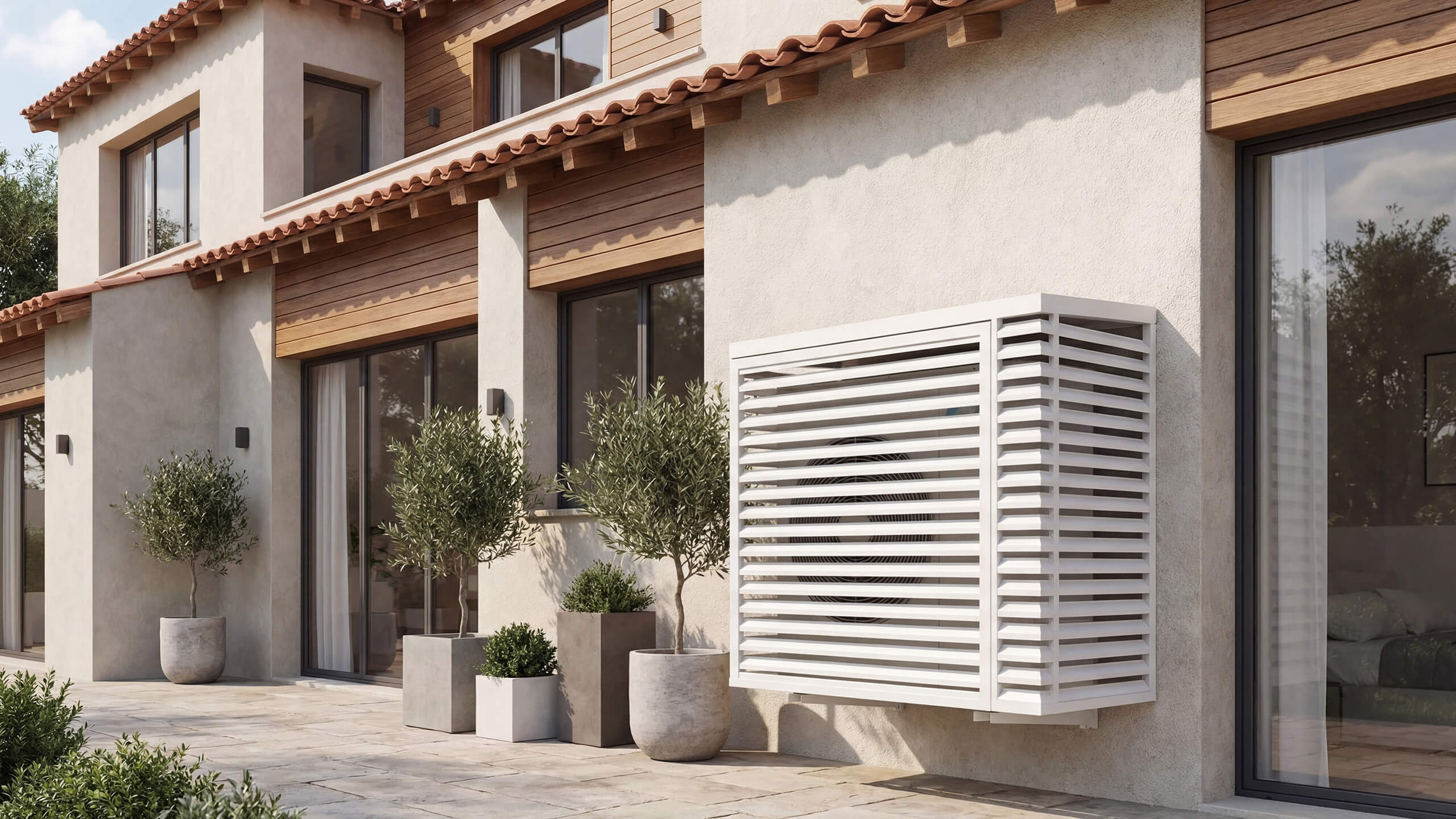 Unité extérieure climatisation réversible sur façade maison — installateur Envolt Sète Frontignan Hérault