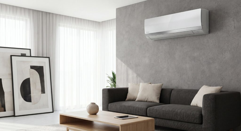 Unité intérieure Daikin gamme Stylish installée dans un salon moderne, design élégant blanc et argent
