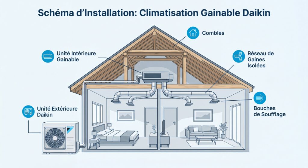 Schéma d'installation d'une climatisation gainable Daikin avec réseau de gaines dans les combles d'une maison