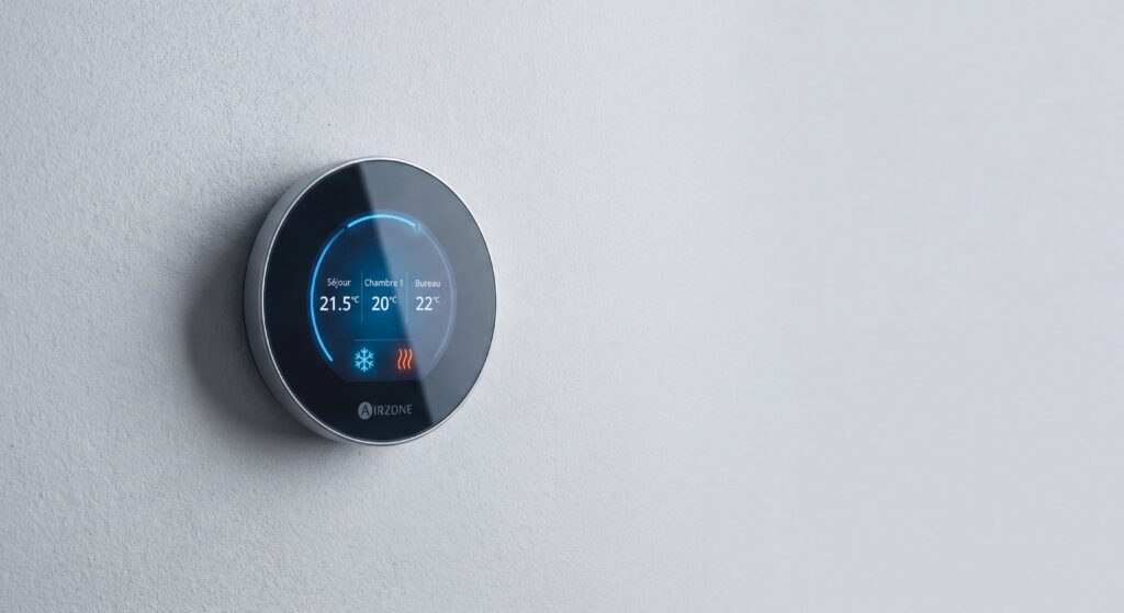 Thermostat Airzone Blueface installé sur un mur, interface tactile moderne pour contrôle de la climatisation par zones